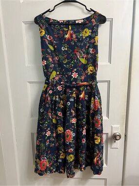 Vintage Navy Floral Fit-and-Flare Dress with Belt